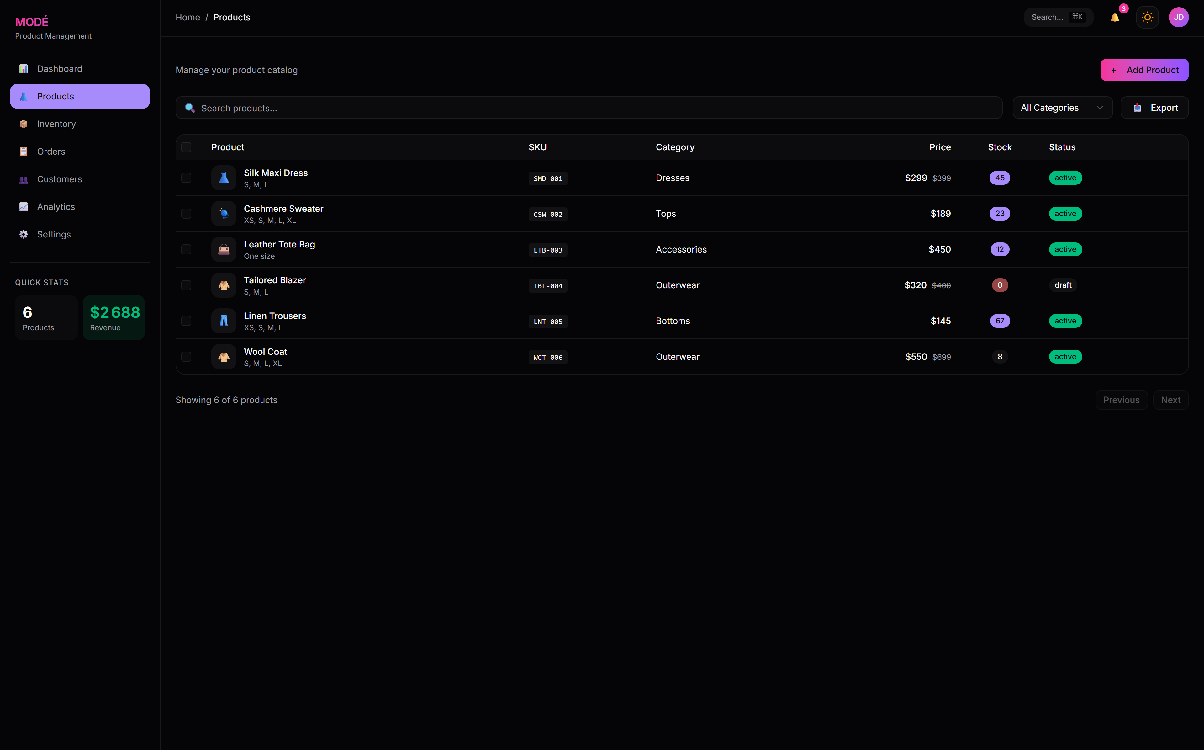 Fashion Product CMS screenshot